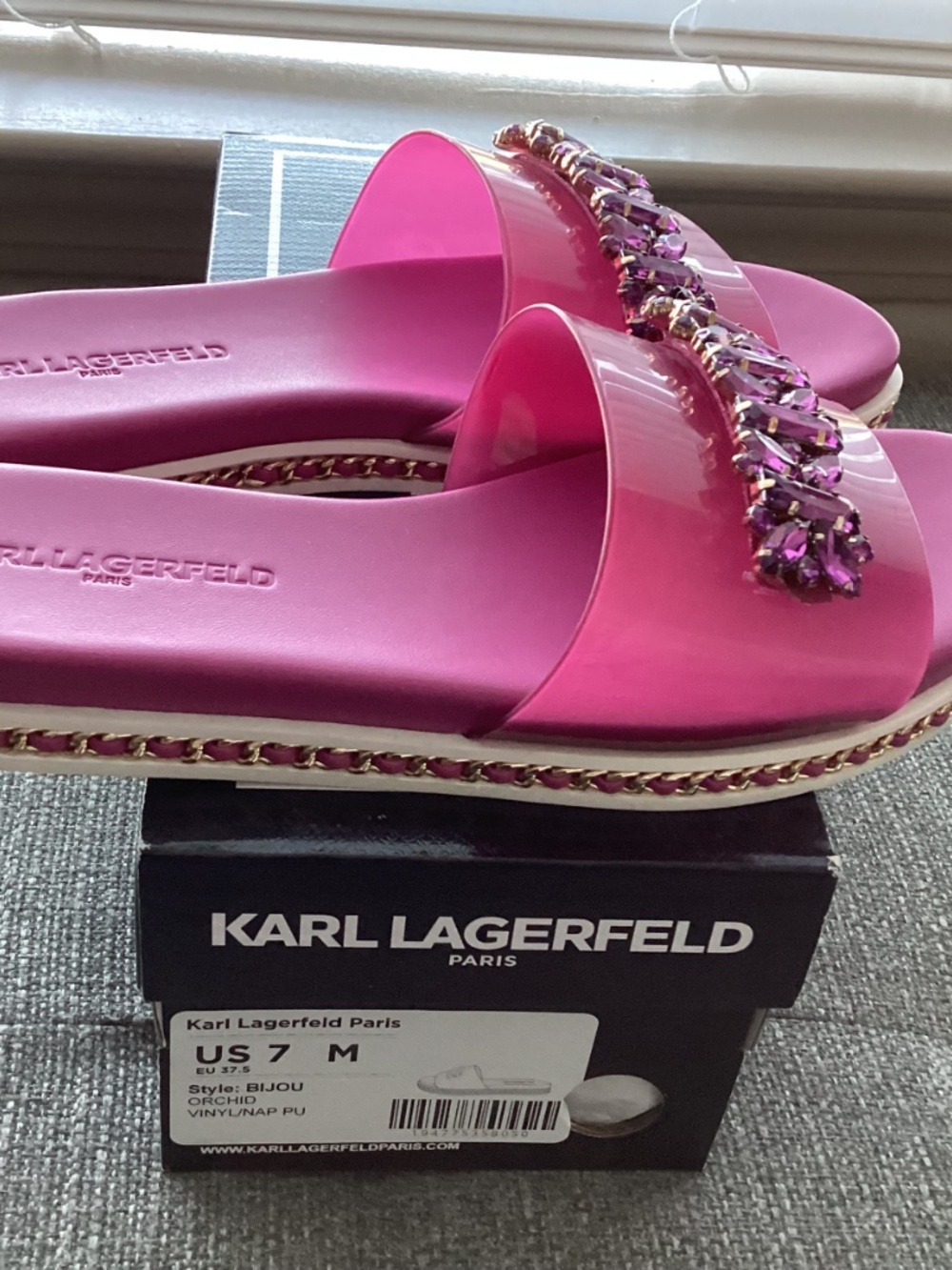 KARL LAGERFELD PARIS Women's Bijou Embellished Slide Sandals - Picture 16 of 16